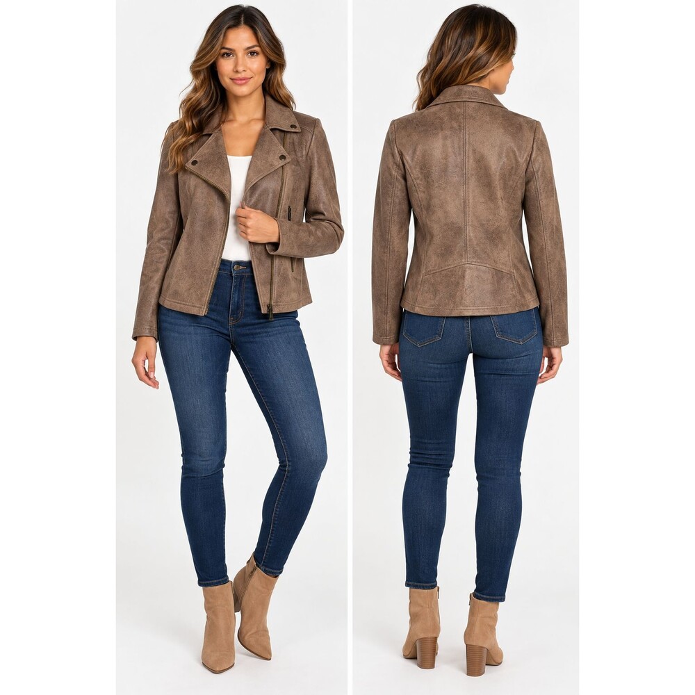 Chico’s Stretch Suede Moto Jacket Size 1 M Drifted Mushroom NWT Brown